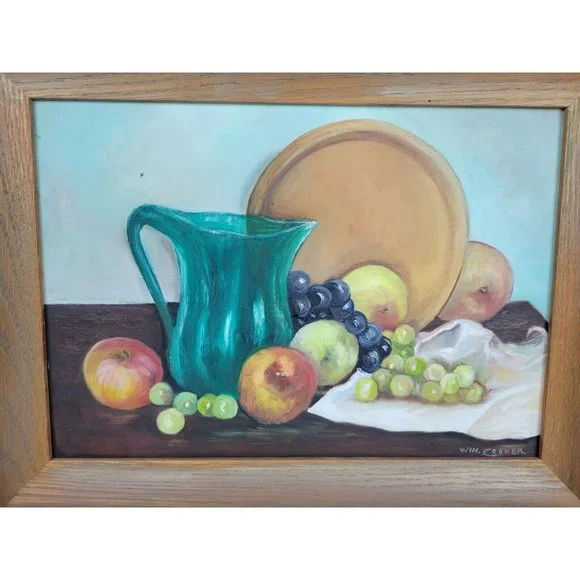 Vtg Framed Oil Painting Winifred Cooper Still Life Fruit Pitcher‎ 13x9